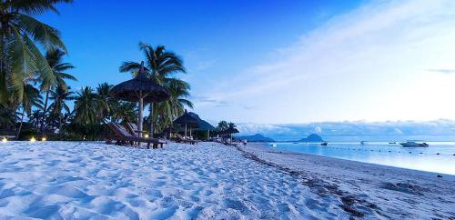 a sandy beach with palm trees and the ocean at Lovely and spacious 3 Bedroom apartment in Flic-en-Flac