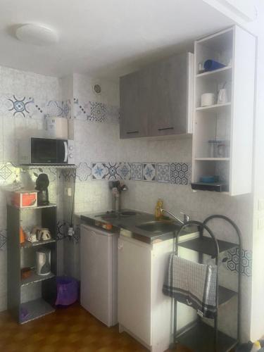 une petite cuisine avec un évier et un réfrigérateur dans l'établissement Villeneuve loubet plage, studio vue mer, à Villeneuve-Loubet