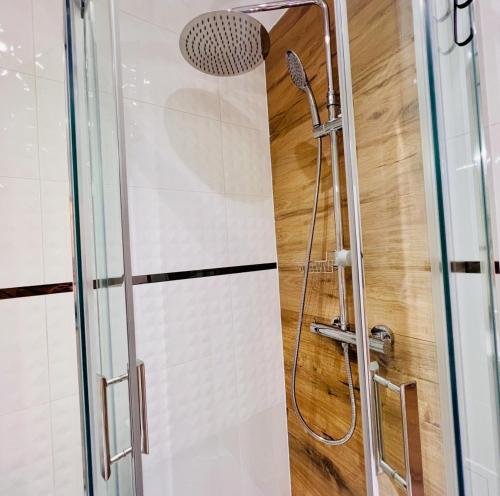 a shower with a shower head in a bathroom at Apartament Zdrojowy Wieniec Zdrój in Włocławek