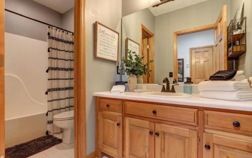 a bathroom with a sink and a toilet and a mirror at Wanderers Den - Peaceful mountain views Wifi and homey comforts in Jasper