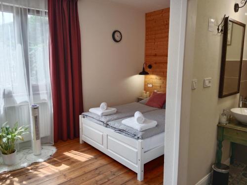 a bedroom with a bed and a sink and a mirror at Penzion V peřině in Trojanovice