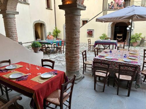 an outdoor patio with tables and chairs with red table cloth at Agriturismo Le Pozze in Dicomano