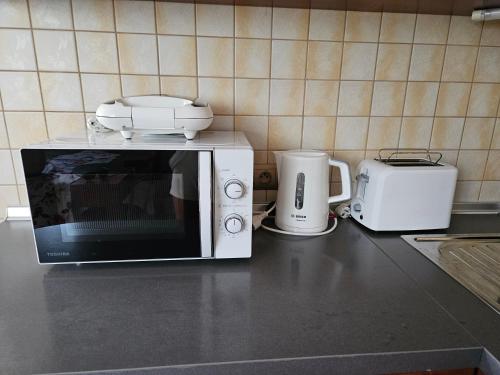 a microwave sitting on top of a kitchen counter at Apartament Granit in Zakopane
