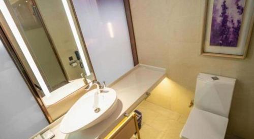 a bathroom with a sink and a mirror and a toilet at Lavande Hotels· Guizhou Anshun Xi Railway Station in Anshun