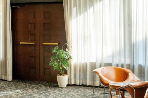 a chair and a plant in front of a door at Fuji Shoei kaikan in Fuji