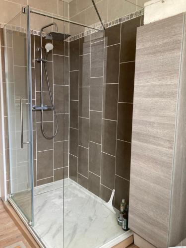 a shower with a glass door in a bathroom at Belle chambre au coeur de Cassel in Cassel