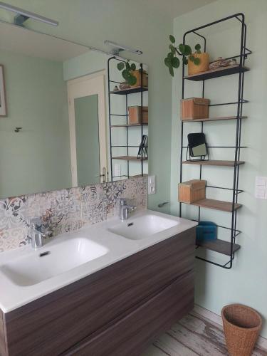 a bathroom with a white sink and a mirror at Maison Maurice Quimper in Quimper