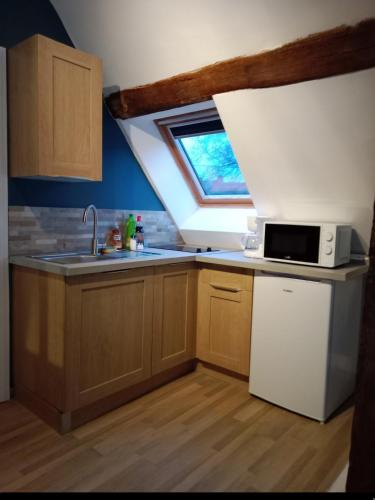Duplex indépendant dans Longère في La Croix-en-Touraine: مطبخ به نافذة وحوض غسيل وميكروويف