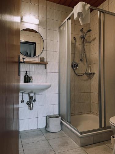 a bathroom with a shower and a sink and a shower at Das Luis in Altenmarkt im Pongau