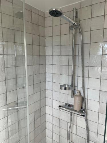 a bathroom with a shower with a bottle on a shelf at Swedish Tiny House 'lyxig lillstuga' in Mollösund