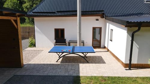 a blue ping pong table sitting in a yard at Chalupa Herbortice in Cotkytle