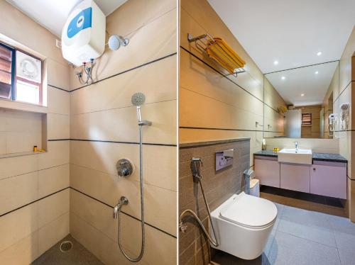 two pictures of a bathroom with a toilet and a sink at Senaro Farms in Varagampadi