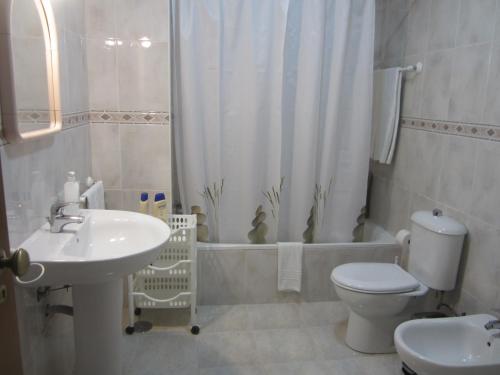 Un baño con lavabo, inodoro y ducha. en Apartamentos Valdemar, en Viana do Castelo
