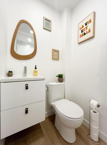 a white bathroom with a toilet and a mirror at Le Charmant, 2 chambres, Parking in Pagny-sur-Moselle