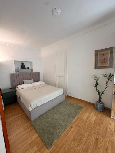 une chambre avec un lit et un tapis vert dans l'établissement Carré d'or, centre ville à Nice, à Nice