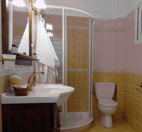 a bathroom with a shower and a sink and a toilet at Villa Dei Sogni in Katelios