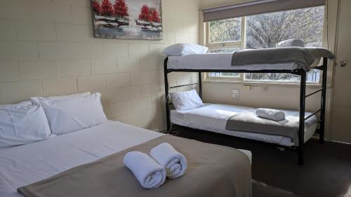 una habitación con dos literas y una ventana en The Swiss Motel, en Cooma