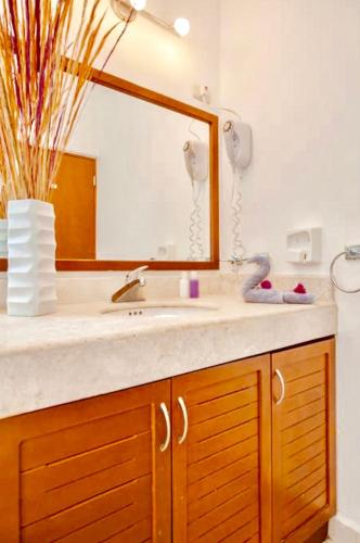 a bathroom with a sink and a mirror at Playacar - Executive Budget Room With Swimming Pool Air Conditioning and Parking in Playa del Carmen