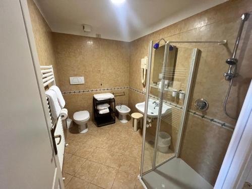 a bathroom with a shower and a toilet and a sink at Hotel Alla Riviera in Bardolino
