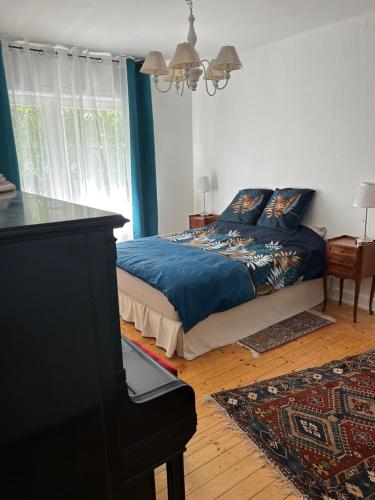 een slaapkamer met een bed met blauwe lakens en een raam bij Maison du F'Or in Huningue