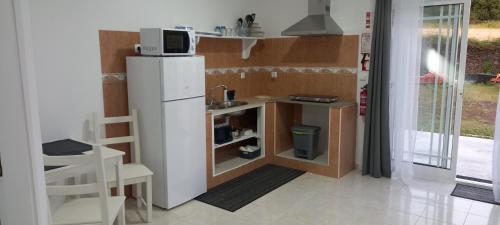 a small kitchen with a refrigerator and a sink at Quinta do Vale da Queimada in Queimada