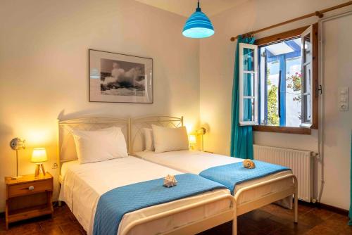 MárpissaにあるVillage house at Marpissaの青い毛布と窓のあるベッドのある寝室