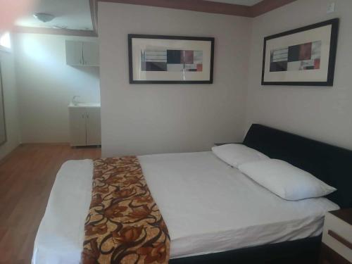 JugaaniにあるTelavi sleep & stay hotelの壁に2枚の写真が飾られたベッドルームのベッド1台