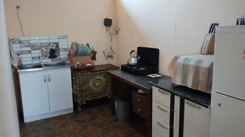 a small kitchen with a sink and a refrigerator at Welcome to Ashtarak in Ashtarak