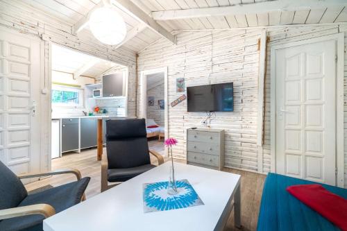 a living room with a table and a tv at Letnisko BAJKA in Iława