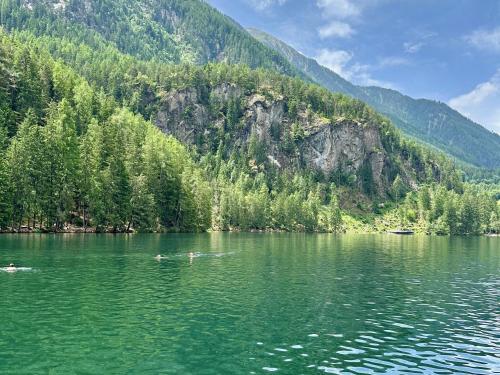 two people swimming in a lake in front of a mountain at Apartments ALPsmart in Oetz