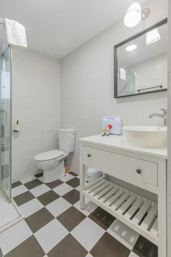 a bathroom with a sink and a toilet and a mirror at Taosa - baskeyrentals in Zumaia