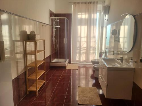 a bathroom with a shower and a sink and a mirror at Panoramic Tower in Torre del Greco