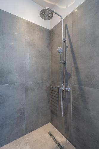 a shower with a glass door in a bathroom at Beachfront Villa Fteri in Kefalonia