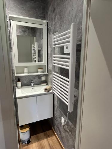 een badkamer met een wastafel en een spiegel bij La Rive in Le Bourg-dʼOisans