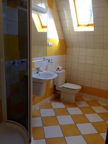 a bathroom with a toilet and a sink at Hotel Bella in Jelenia Góra