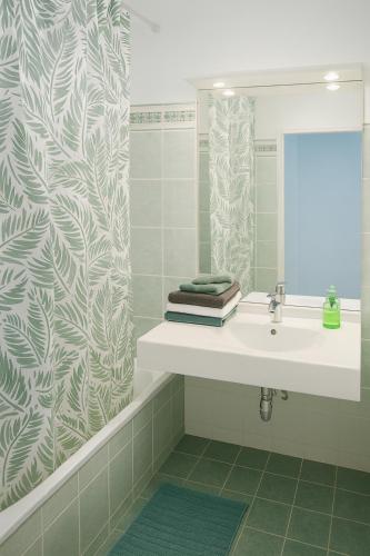 une salle de bain avec un lavabo et un miroir dans l'établissement Disneyland Paris, appartement 70m², parking privé, à Serris