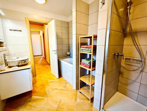 SkrbčićiにあるHoliday house Mayaのシャワー、洗面台、浴槽を備えたバスルーム