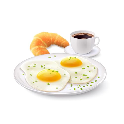 two fried eggs and croissants on a plate with a cup of coffee at Nathia Lodge Mountain View Hotel & Guest House Nathia Gali in Abbottābād
