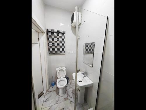 a small bathroom with a toilet and a sink at AB Luxury 2 bedroom Apartment with 24hr Electricity, Wifi, Fully Equipped Kitchen in Lagos