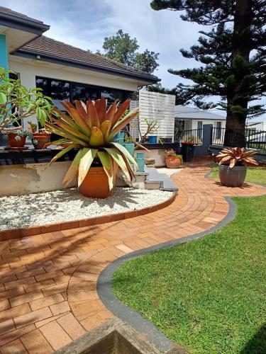 a garden with a brick walkway and potted plants at Ocean Front - Port Kembla in Port Kembla