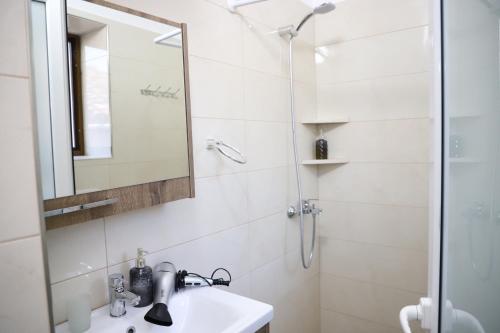 a bathroom with a sink and a shower with a mirror at Vila Vreko in Berat