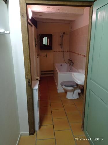 une salle de bain avec toilettes, baignoire et lavabo dans l'établissement l'atelier du relieur, à Montmorillon