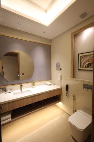 a bathroom with a toilet and a sink and a mirror at The Tivoli New Delhi in New Delhi