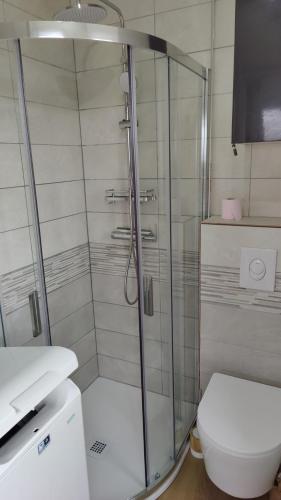 une salle de bain avec douche et toilettes dans l'établissement Studio vue panoramique-centre ville, à La Grande Motte