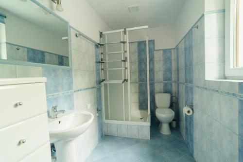 un bagno con wc, lavandino e doccia di Pod Pustelnikiem a Duszniki Zdrój