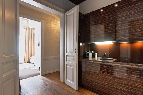 a kitchen with wooden cabinets and a sink in it at 6 rooms in Vienna