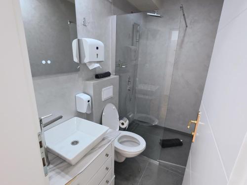 a bathroom with a shower and a toilet and a sink at Hotel Doris 