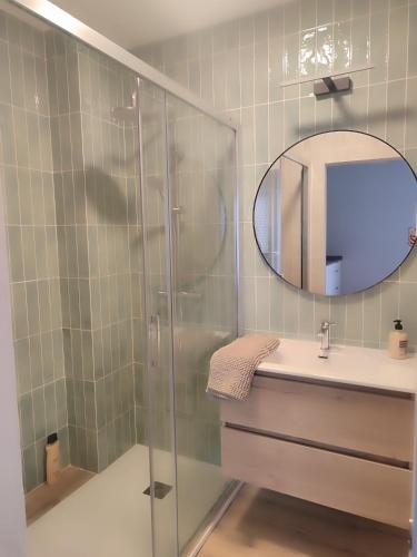a bathroom with a shower and a sink and a mirror at Piso céntrico en Moguer in Moguer