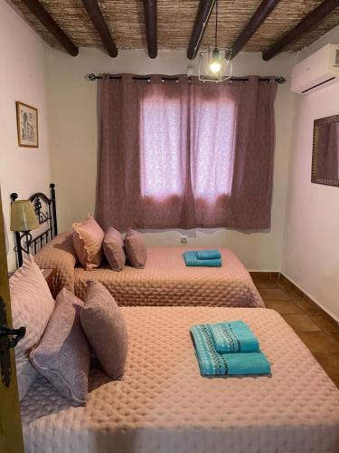 two twin beds in a room with a window at Cortijo del Humo in Mizala