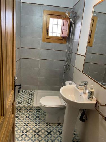 a bathroom with a toilet and a sink at Cortijo del Humo in Mizala